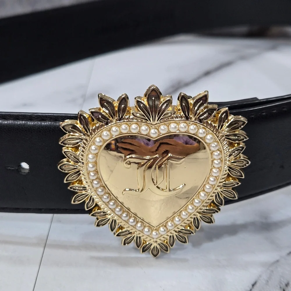 Juicy Couture Belt Womens Large Black Gold Heart Buckle Pearl Detail Fashion